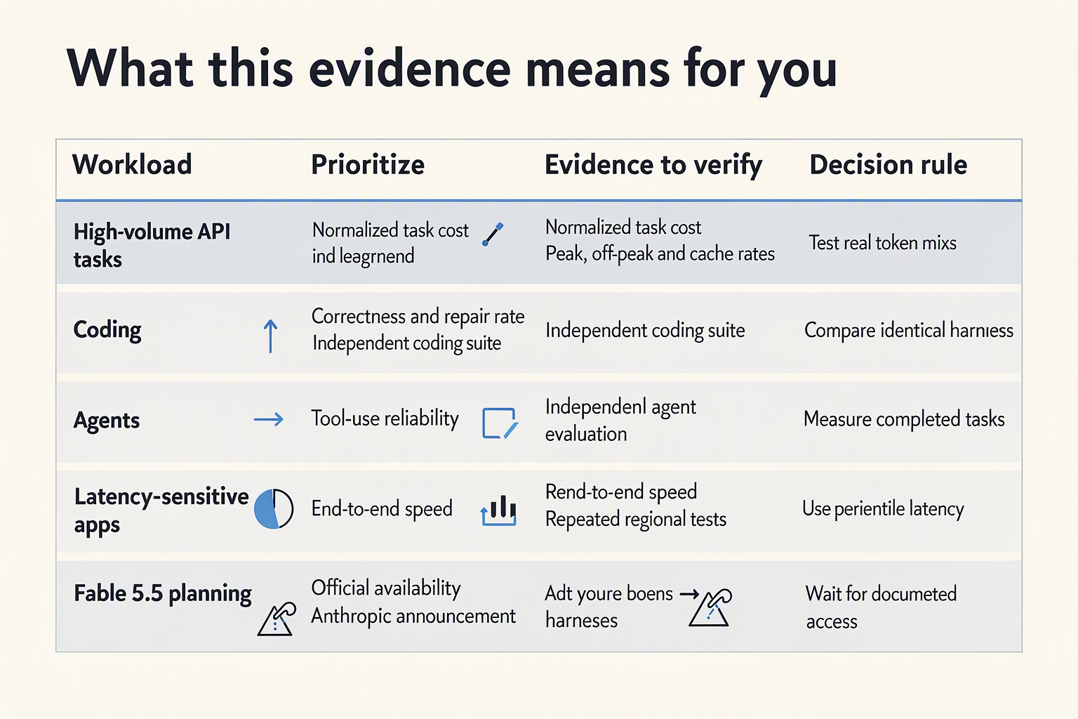 Decision table matching API, coding, agent and latency workloads to evidence requirements
