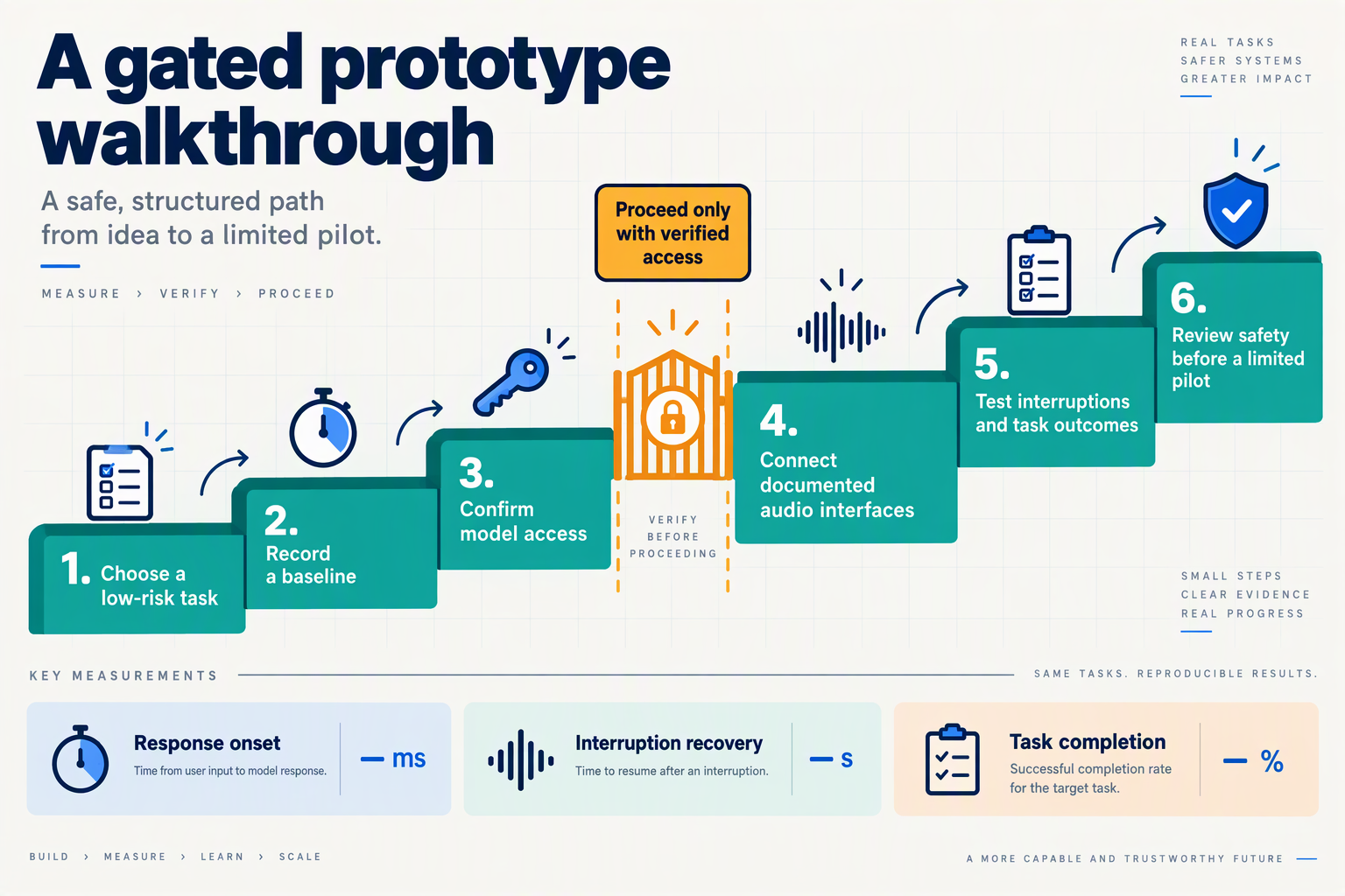 Six-step prototype workflow with an access gate and measurements for response onset, interruptions, and task completion