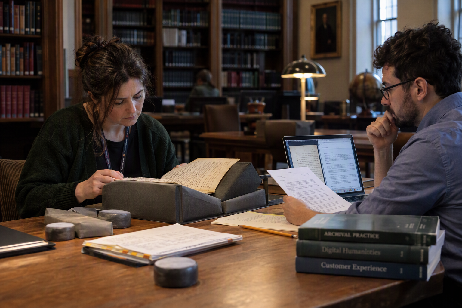 Show an archivist and a customer-support analyst seated across a shared conservation table in a quiet library research room