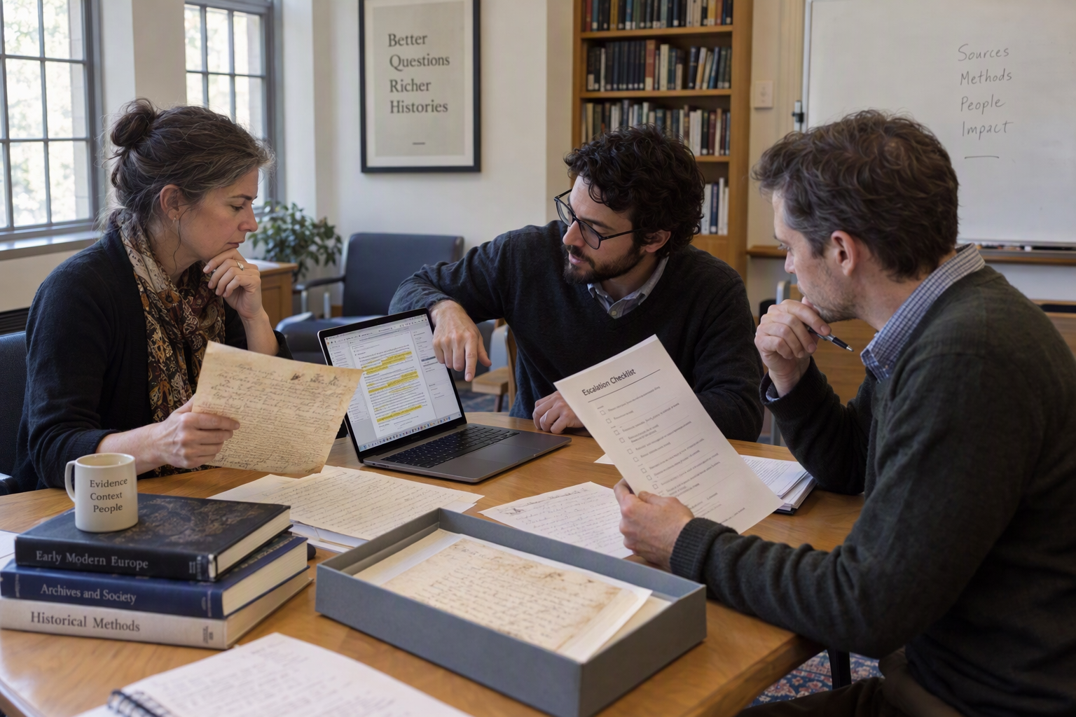 Depict a small interdisciplinary editorial review meeting in a bright university-style seminar room