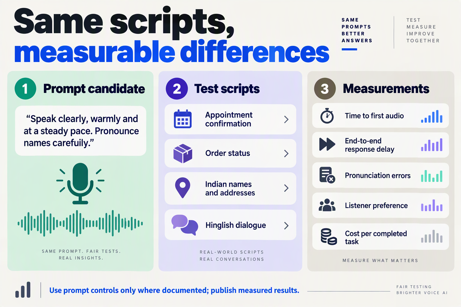 Create a testing-workbench infographic with three distinct panels beneath the heading Same scripts, measurable differences