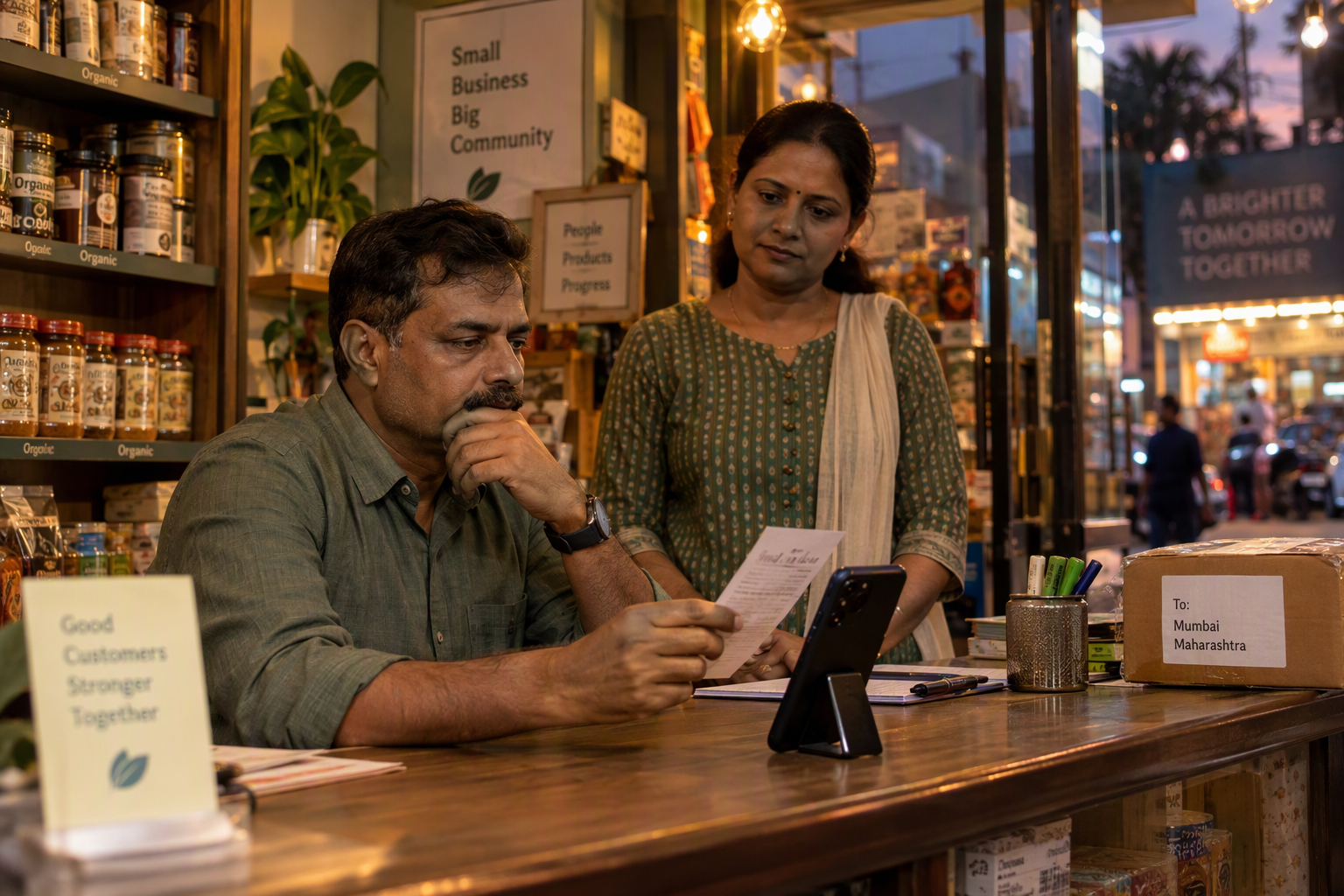 Show a thoughtful customer-service scene inside a small Indian retail business during the early evening