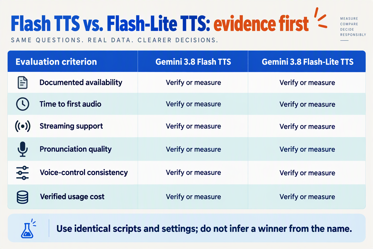 Create a clean comparison-table infographic titled Flash TTS vs