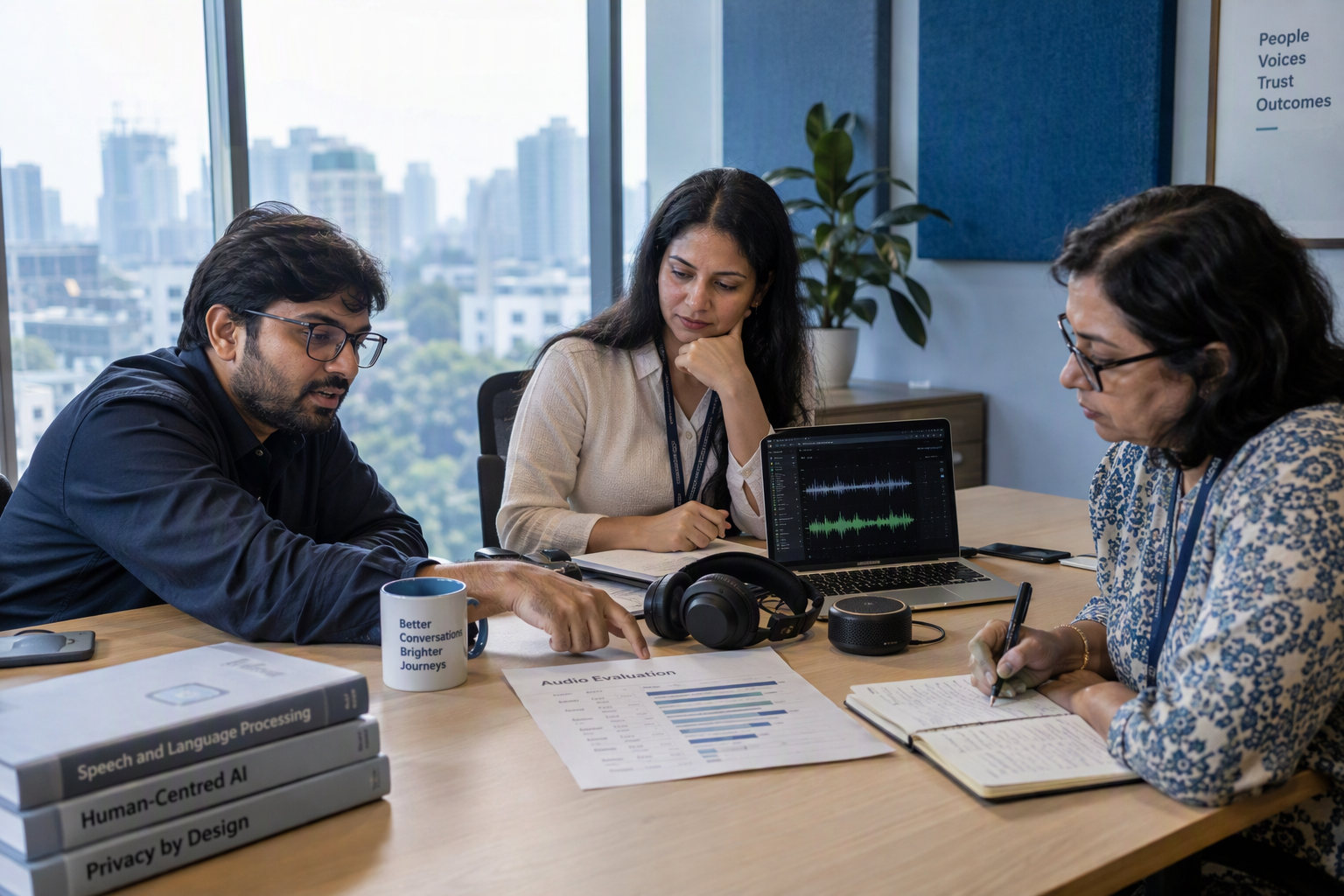 Depict a small expert roundtable in a modern meeting room overlooking an Indian city in daylight