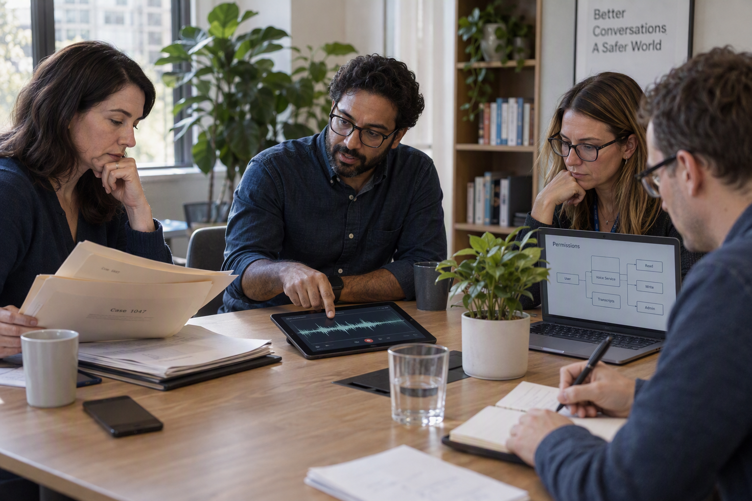 A small editorial roundtable brings together a customer-support lead, a voice systems engineer, and a security reviewer in a
