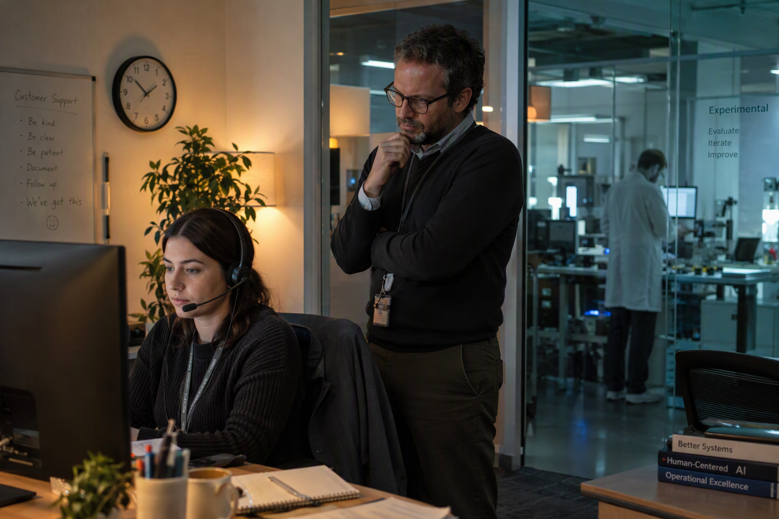 A support operations manager pauses beside a working customer-service desk while an engineer reviews a separate experimental