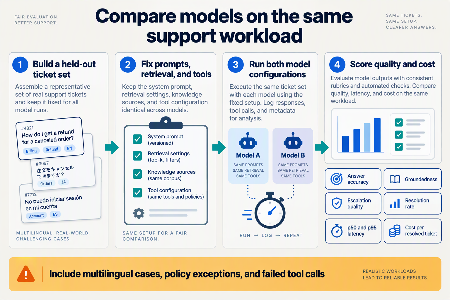 Illustrate a reproducible evaluation workflow as a horizontal sequence of four substantial cards on a light background
