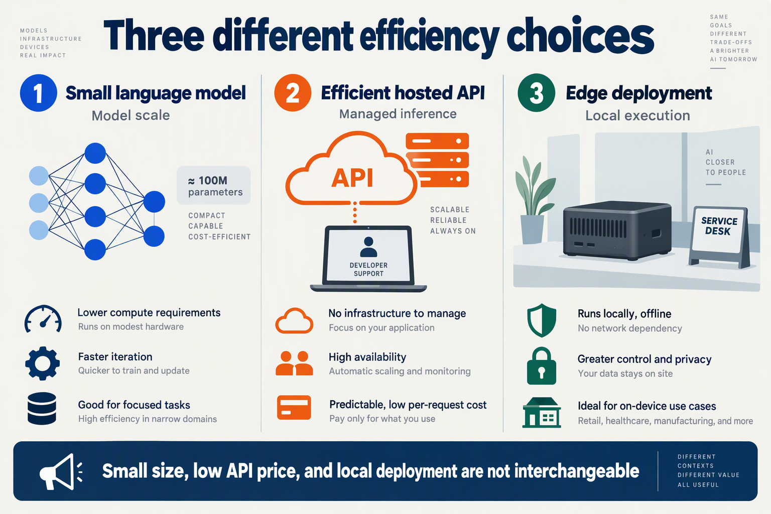 Design a three-column comparison infographic on a pale slate background, with each column illustrated by a distinct