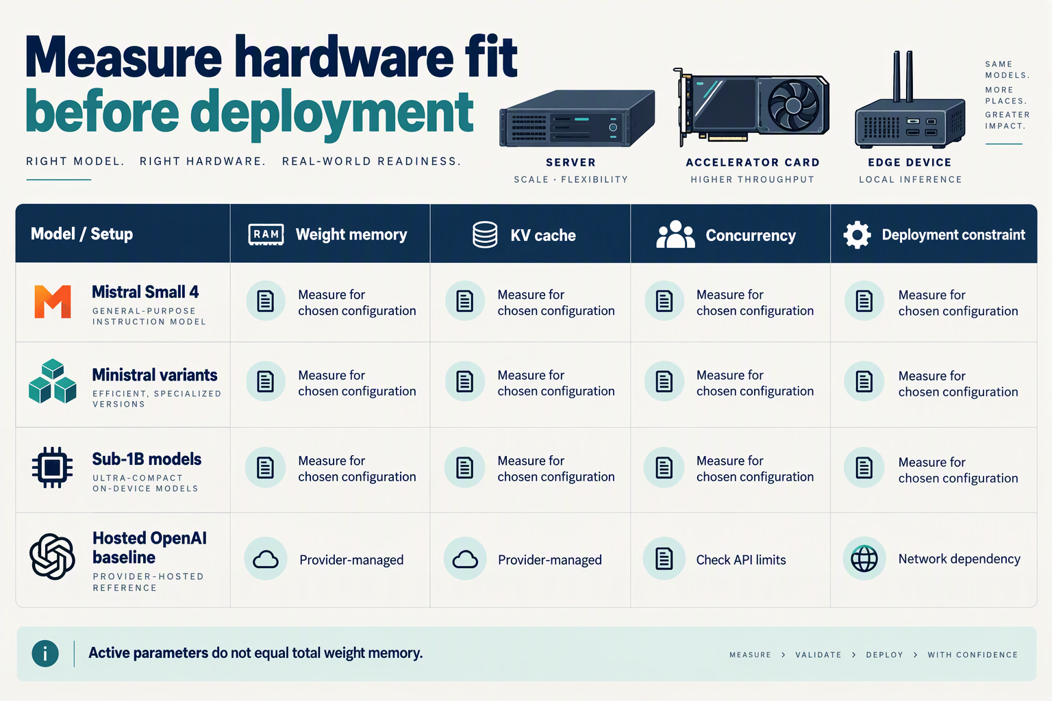 Build a hardware-feasibility worksheet illustrated as a wide matrix, with a small server, an accelerator card, and an edge