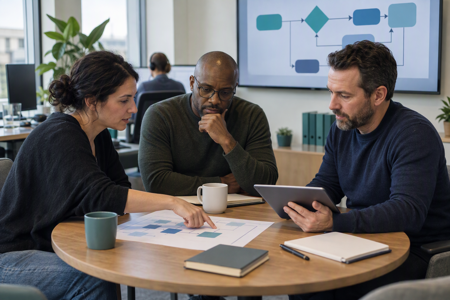 Show a collaborative review meeting in a bright customer-support office, with a frontline supervisor, an operations lead,