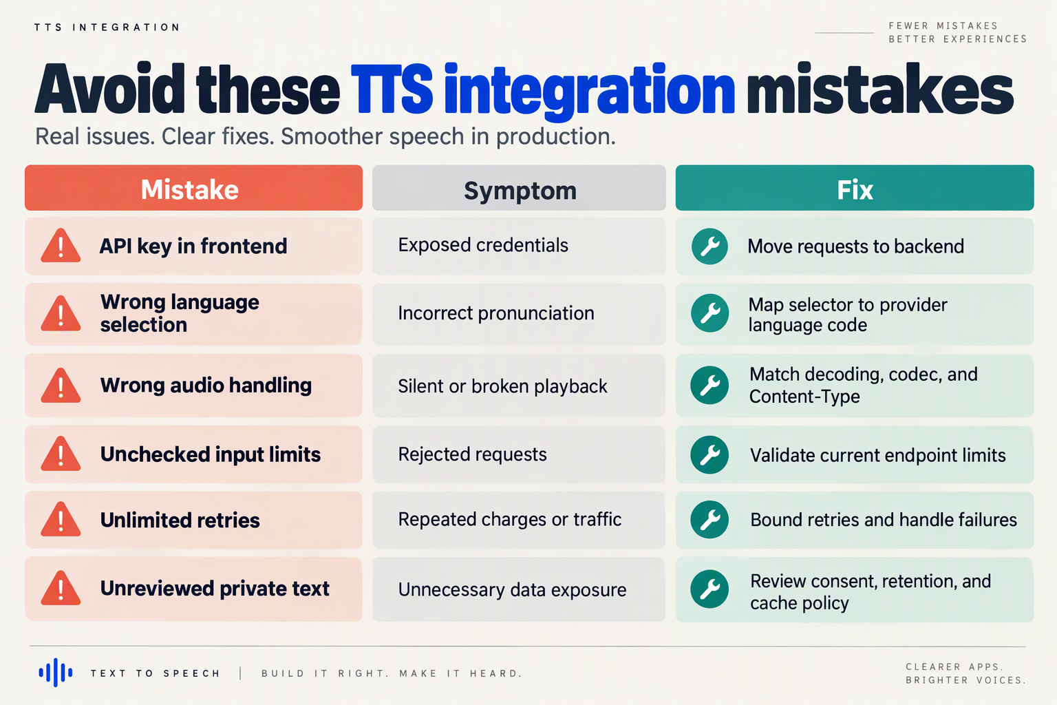 Troubleshooting table linking common TTS integration mistakes to symptoms and practical fixes