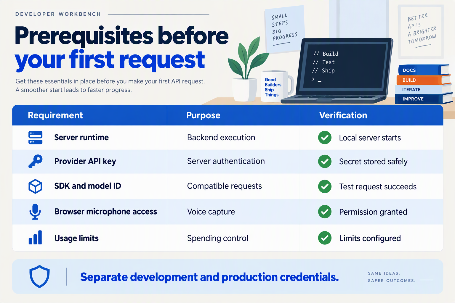 Prerequisites table covering server setup, API credentials, model selection, microphone access, and usage limits