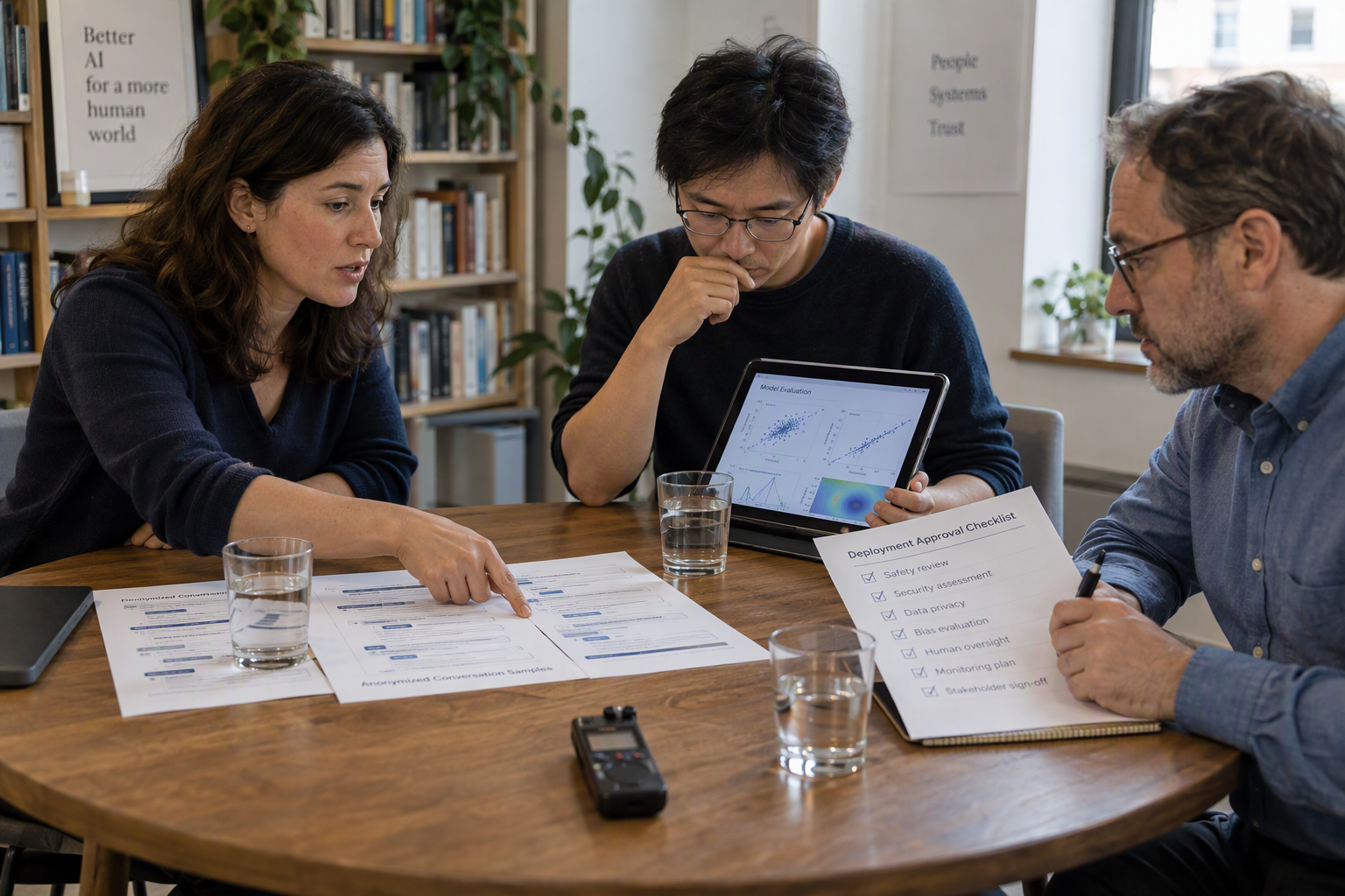 Show a thoughtful editorial interview scene in a bright meeting room, with a customer-support leader, an AI researcher, and