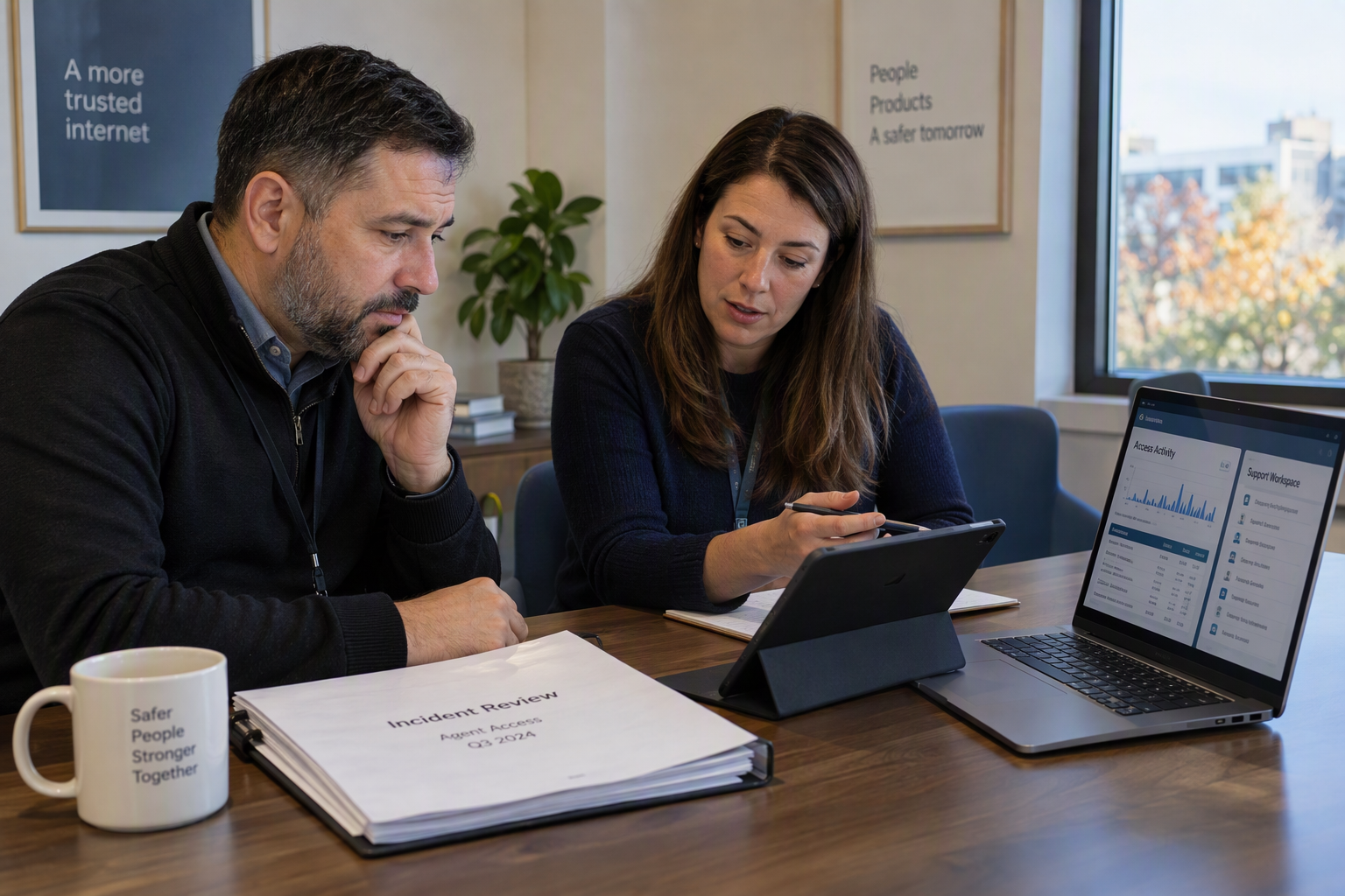 A security lead and a customer-support manager review recent technology reporting together in a quiet office meeting room on
