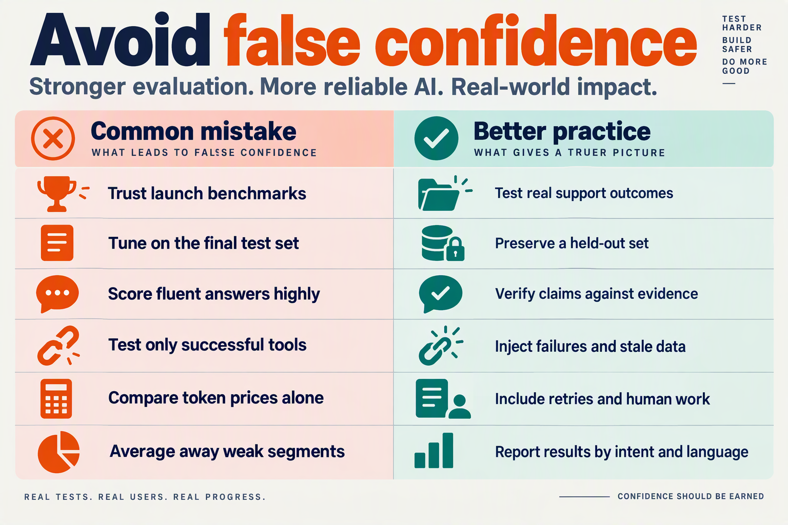 Table contrasting misleading evaluation practices with evidence-based support testing methods