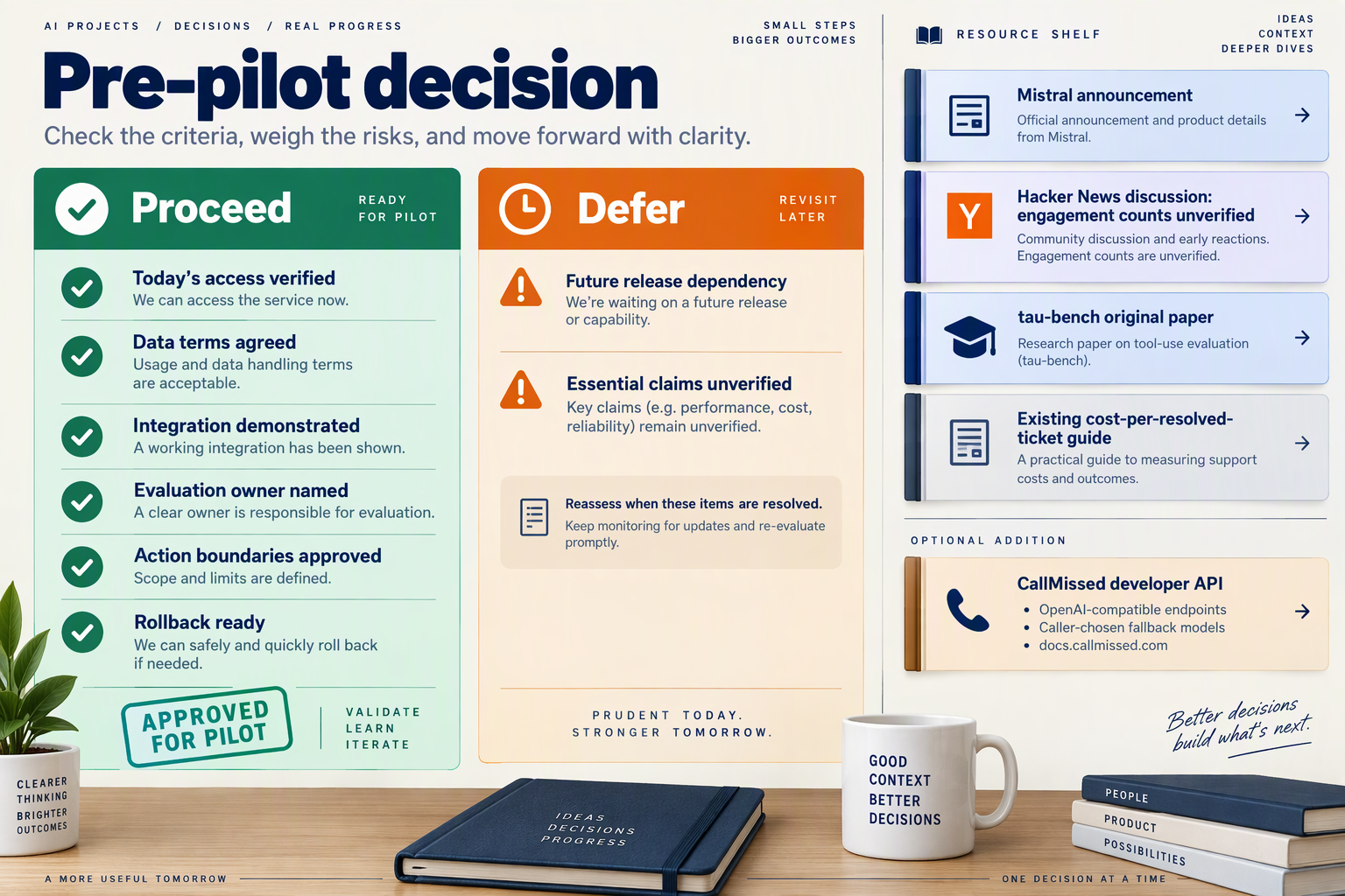 Proceed-or-defer decision card with research resources and an optional CallMissed developer API comparison