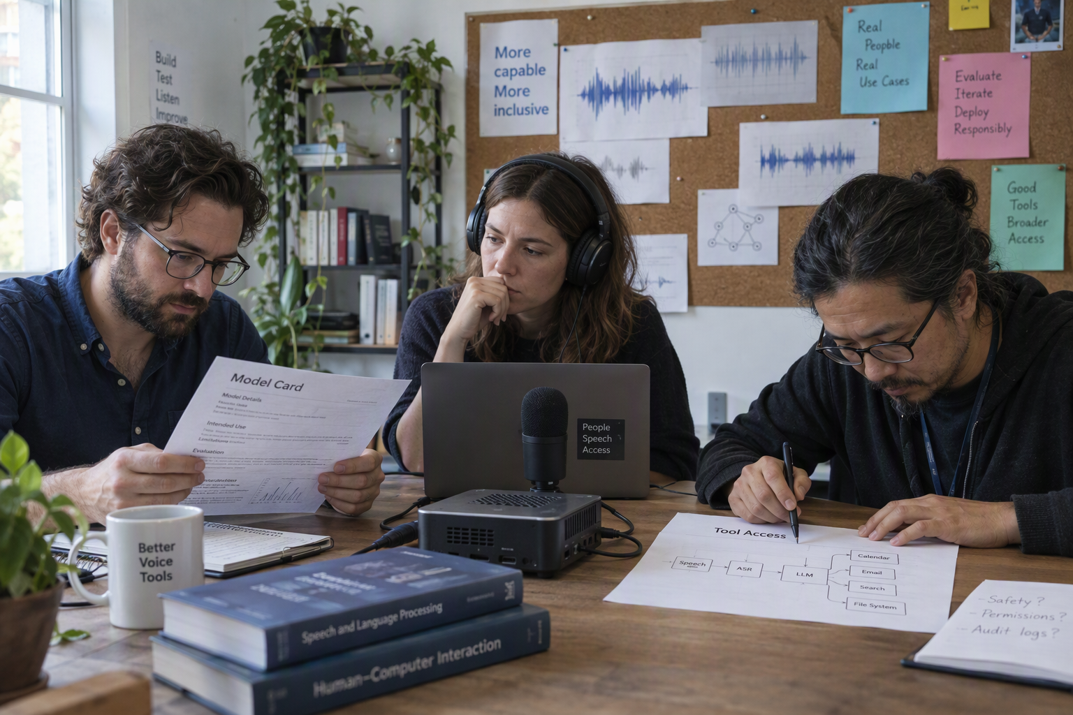 Show a small technical review meeting inside a daylight-filled engineering workspace