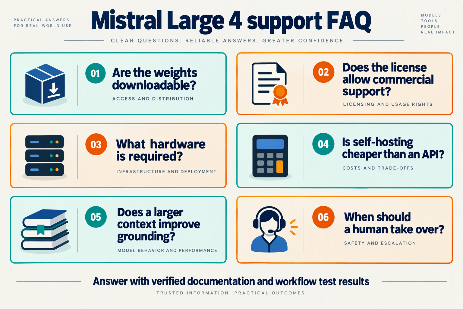 FAQ cards about weight downloads, licensing, hardware, costs, grounding, and human escalation