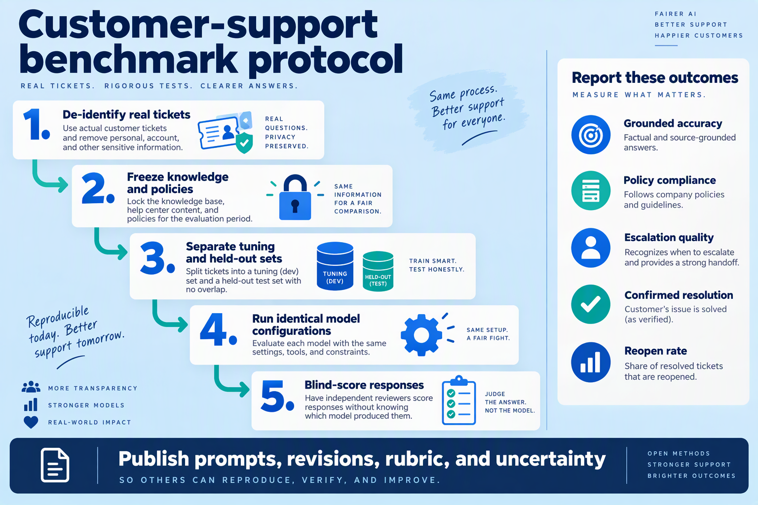 Five-step support benchmark protocol with outcome metrics and reproducibility requirements