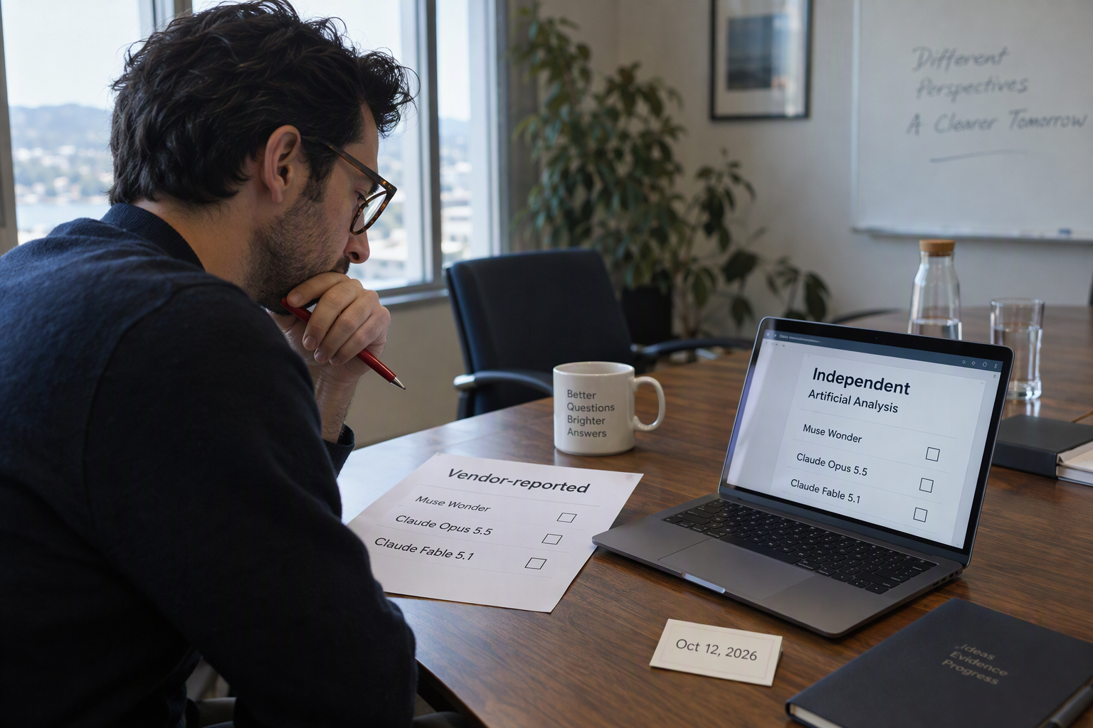 Vendor slide chart beside an independent leaderboard on a desk, with a pen hovering between them