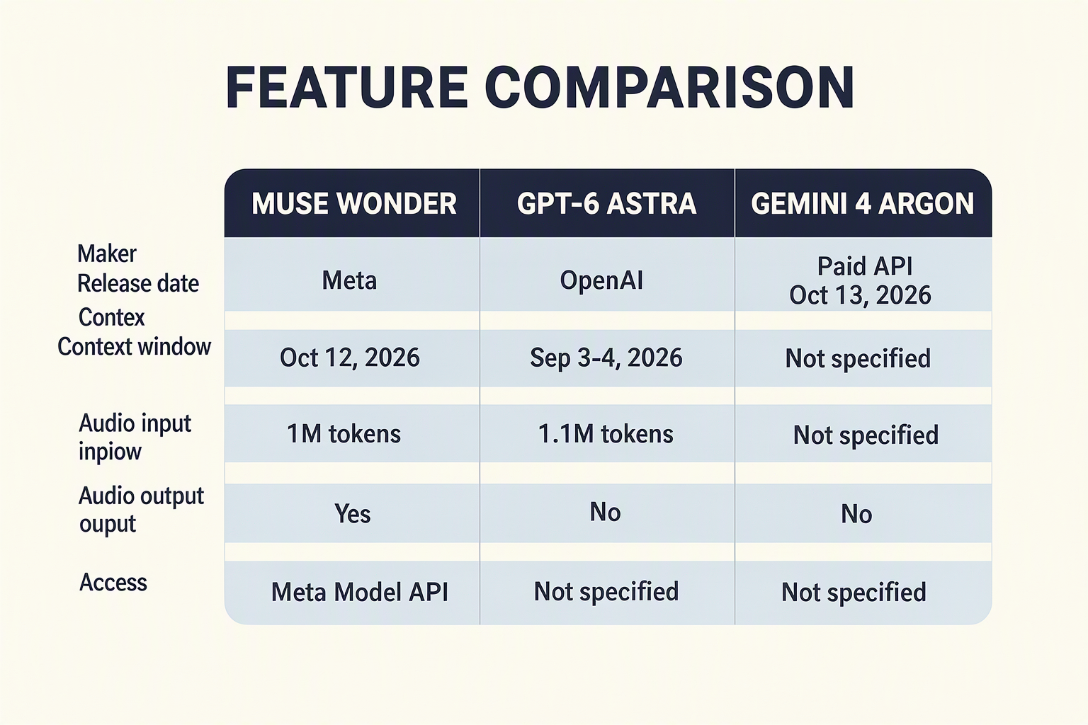 Feature grid comparing context window, audio support and access for the three frontier models
