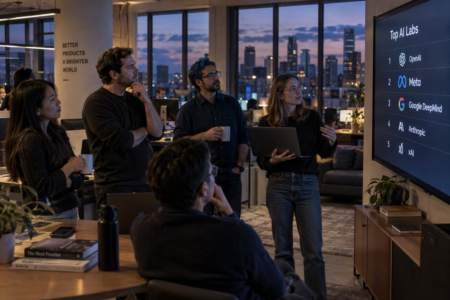 Product team gathered around a wall display of an AI lab ranking in an office at dusk
