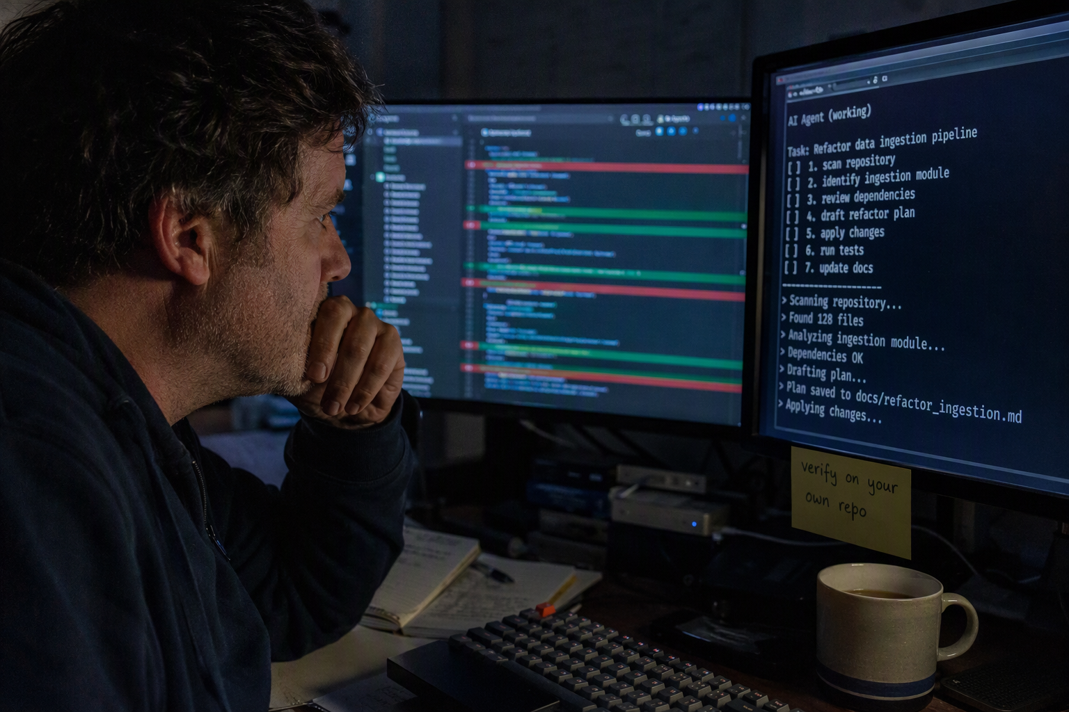 Developer at night comparing a code diff and an AI agent terminal while testing models on a repository