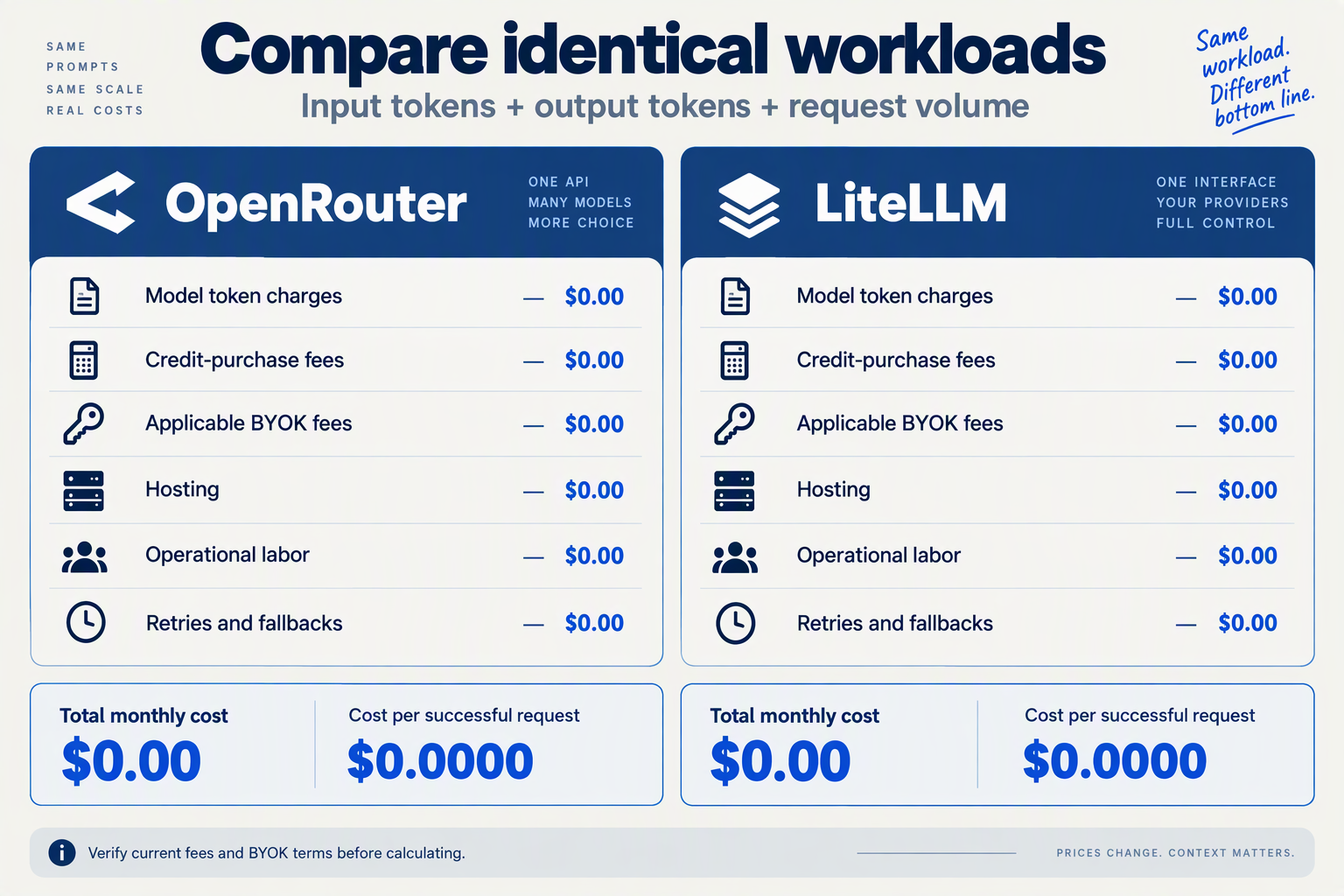 Itemized OpenRouter and LiteLLM cost ledgers include token charges, fees, hosting and operational labor