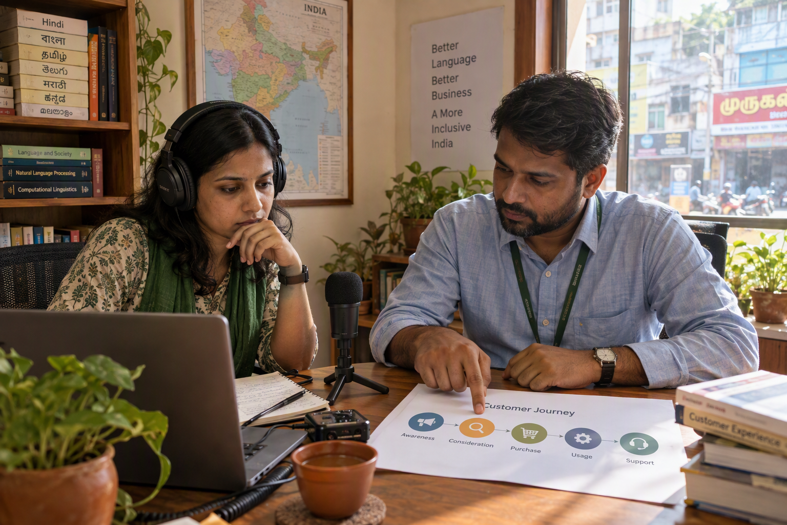 Show a language researcher and a customer-service operations manager working together in a regional Indian business office