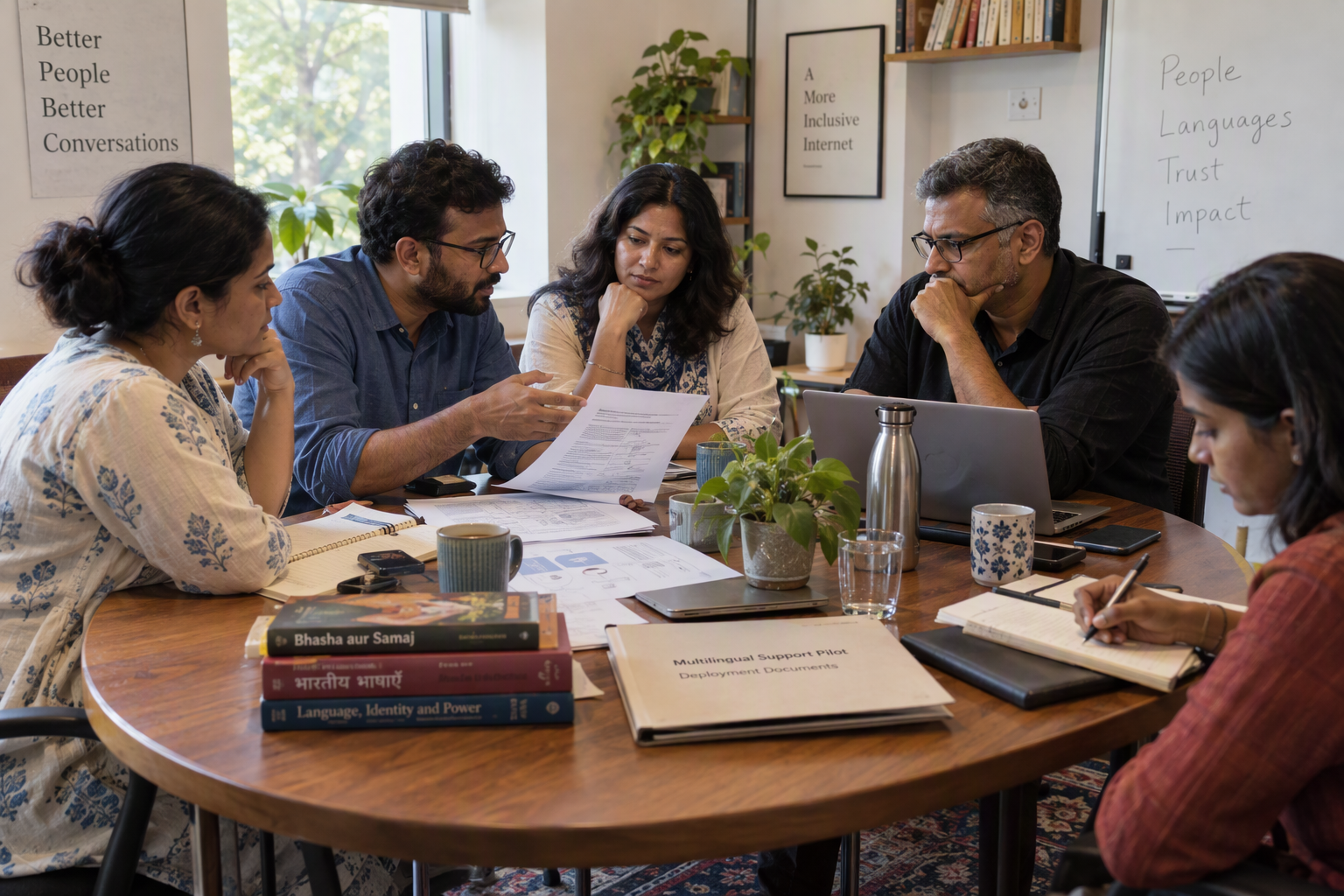Depict a small editorial roundtable in a sunlit Indian coworking studio, with a language researcher, a support operations