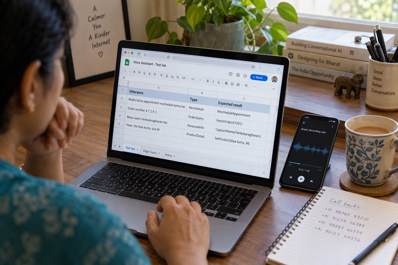 Spreadsheet of Hinglish test utterances beside a phone and a notebook of spoken numbers