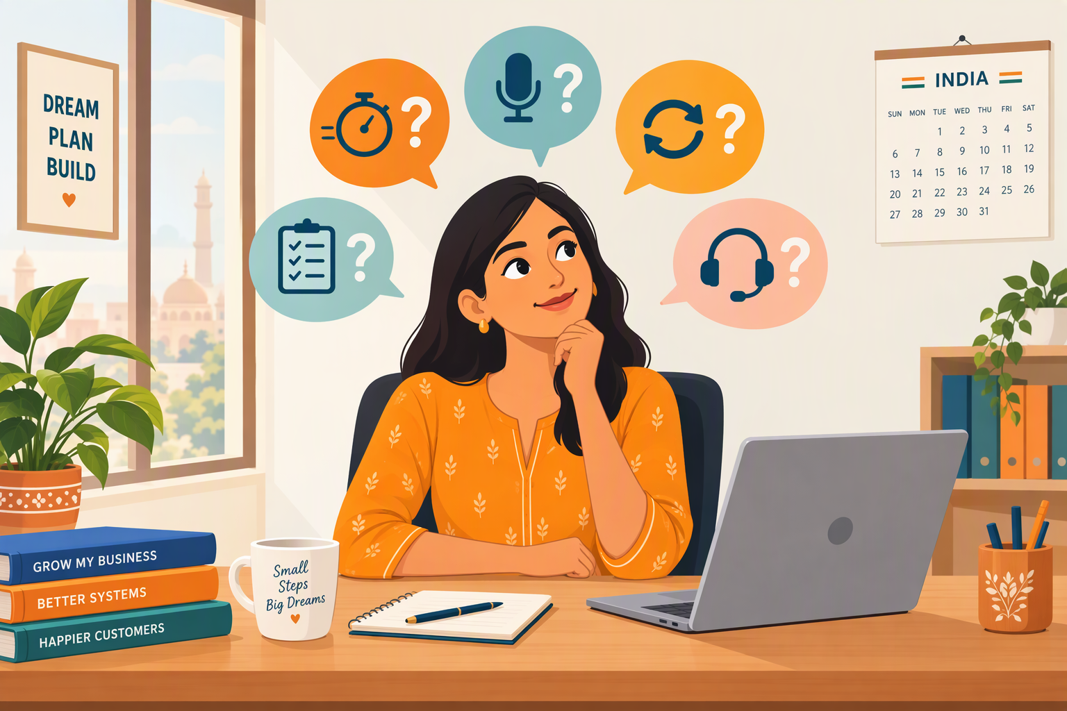 Business owner surrounded by question bubbles about latency, accuracy and handoff in voice agent testing