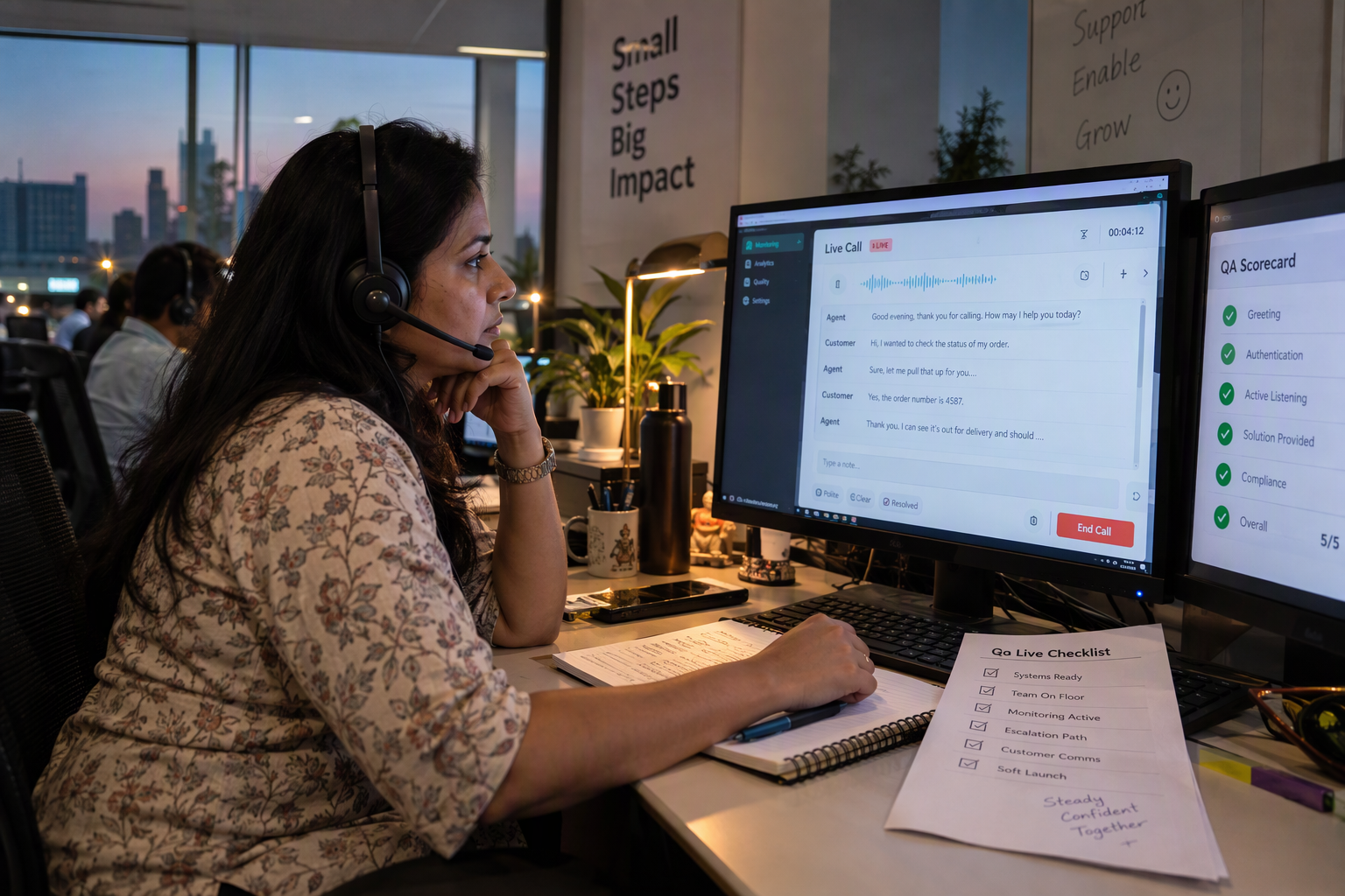 Supervisor monitoring a live voice agent call during a soft launch with the scorecard on a second screen