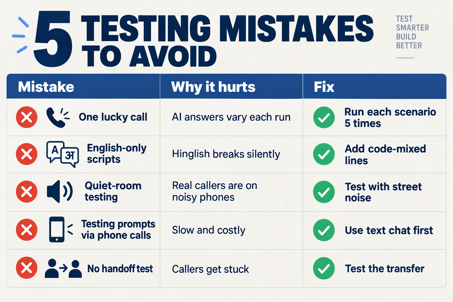 Table of common voice agent testing mistakes with reasons they hurt and how to fix them