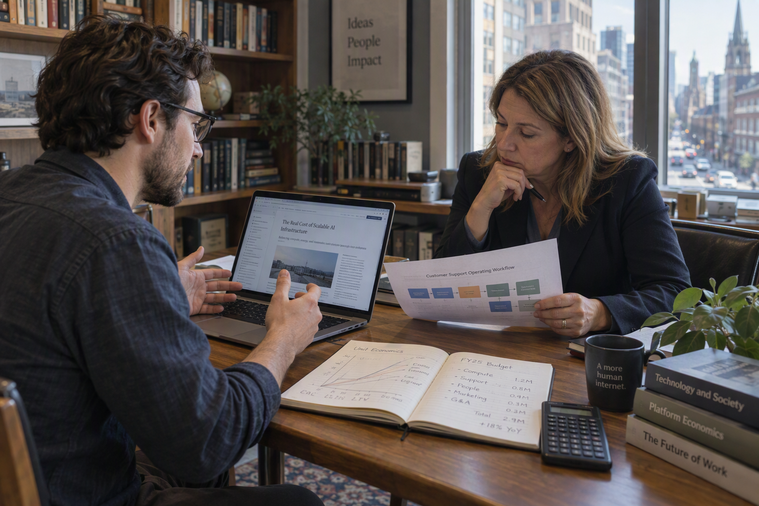 Depict a researcher and a customer-support director discussing an online technology essay in a quiet office library during