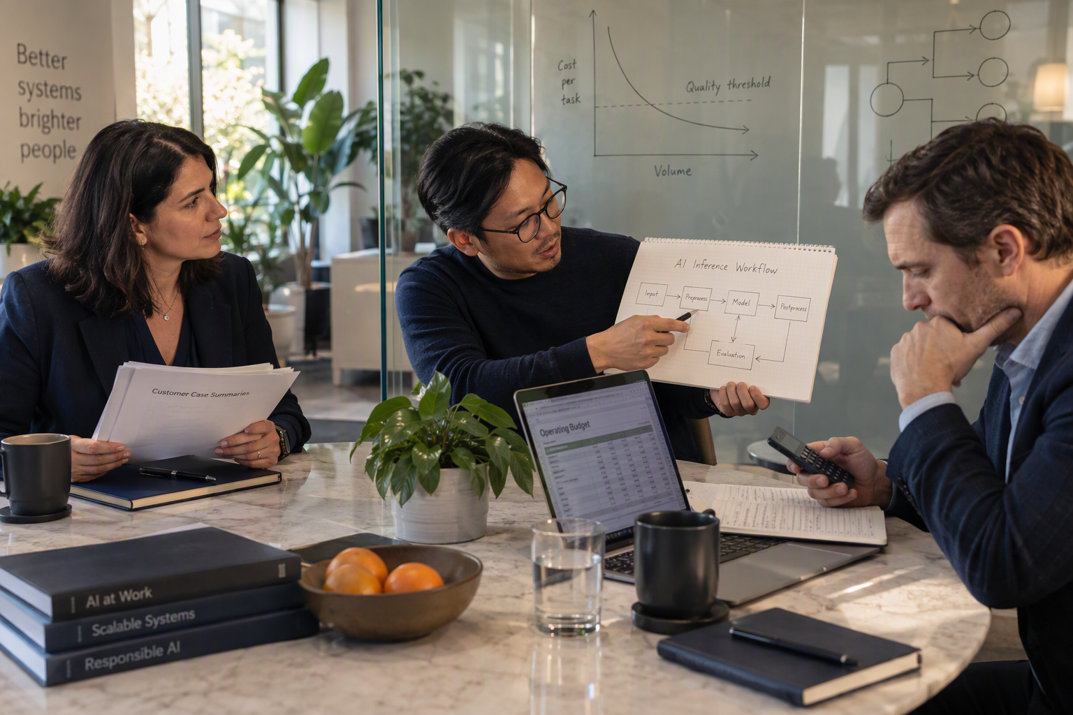 Show a small roundtable discussion between a support operations leader, an inference engineer, and a finance analyst in a