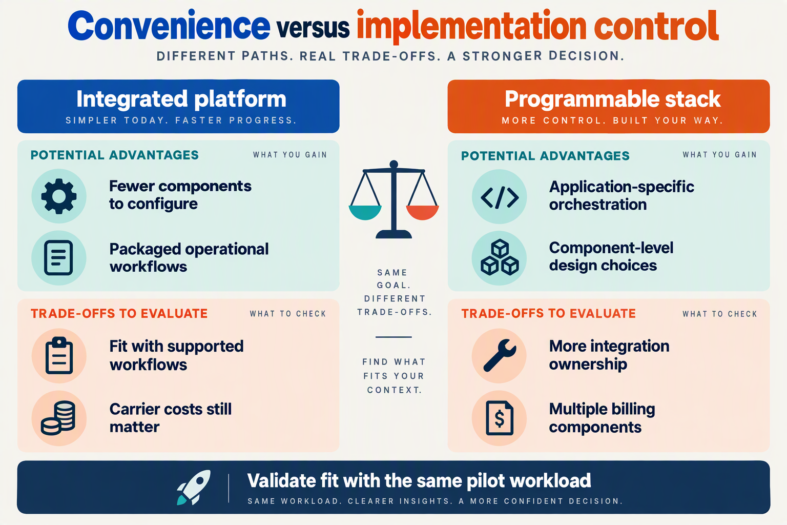 Balanced pros-and-cons table for integrated AI calling and a programmable voice stack