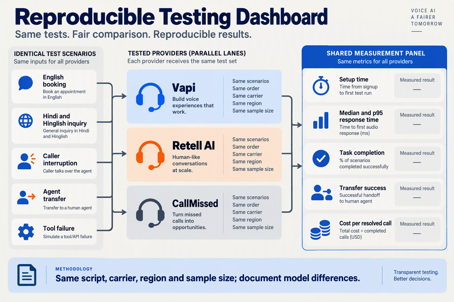 Matched phone-agent tests comparing language handling, interruptions, transfers, failures and measured outcomes