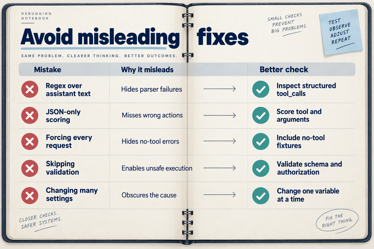 Mistake-and-remedy table contrasts fragile parsing and misleading scores with safer debugging practices