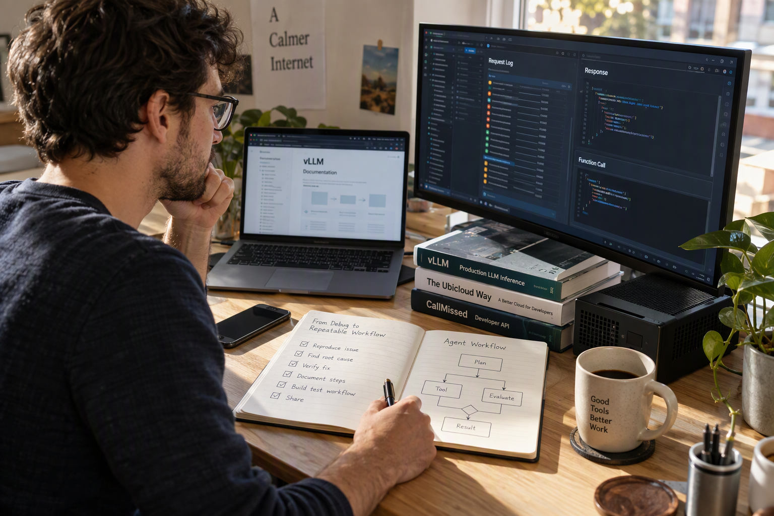 Developer organizes documentation, an agent checklist, and request logs into a repeatable testing workflow