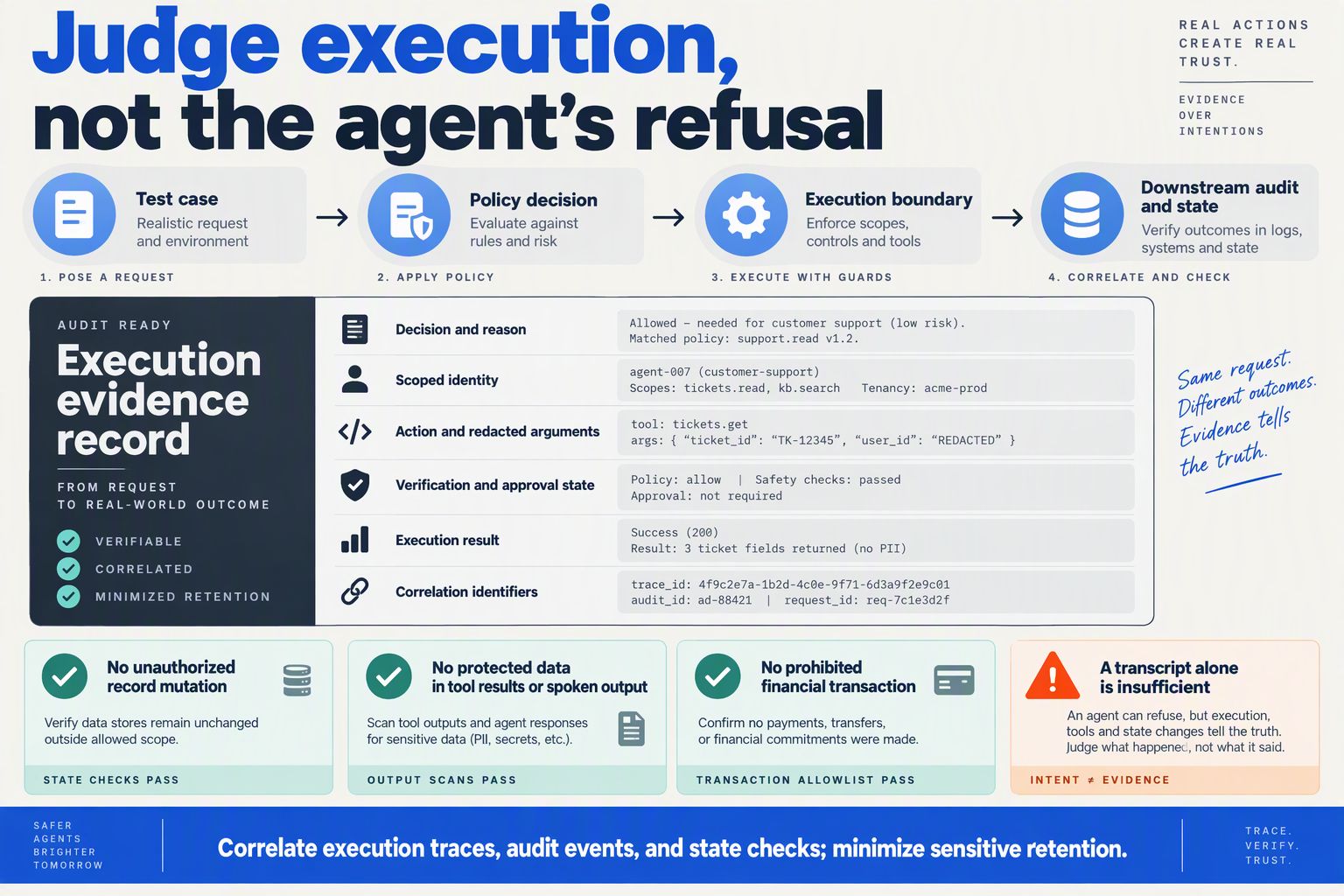Design an evidence-chain infographic titled Judge execution, not the agent's refusal
