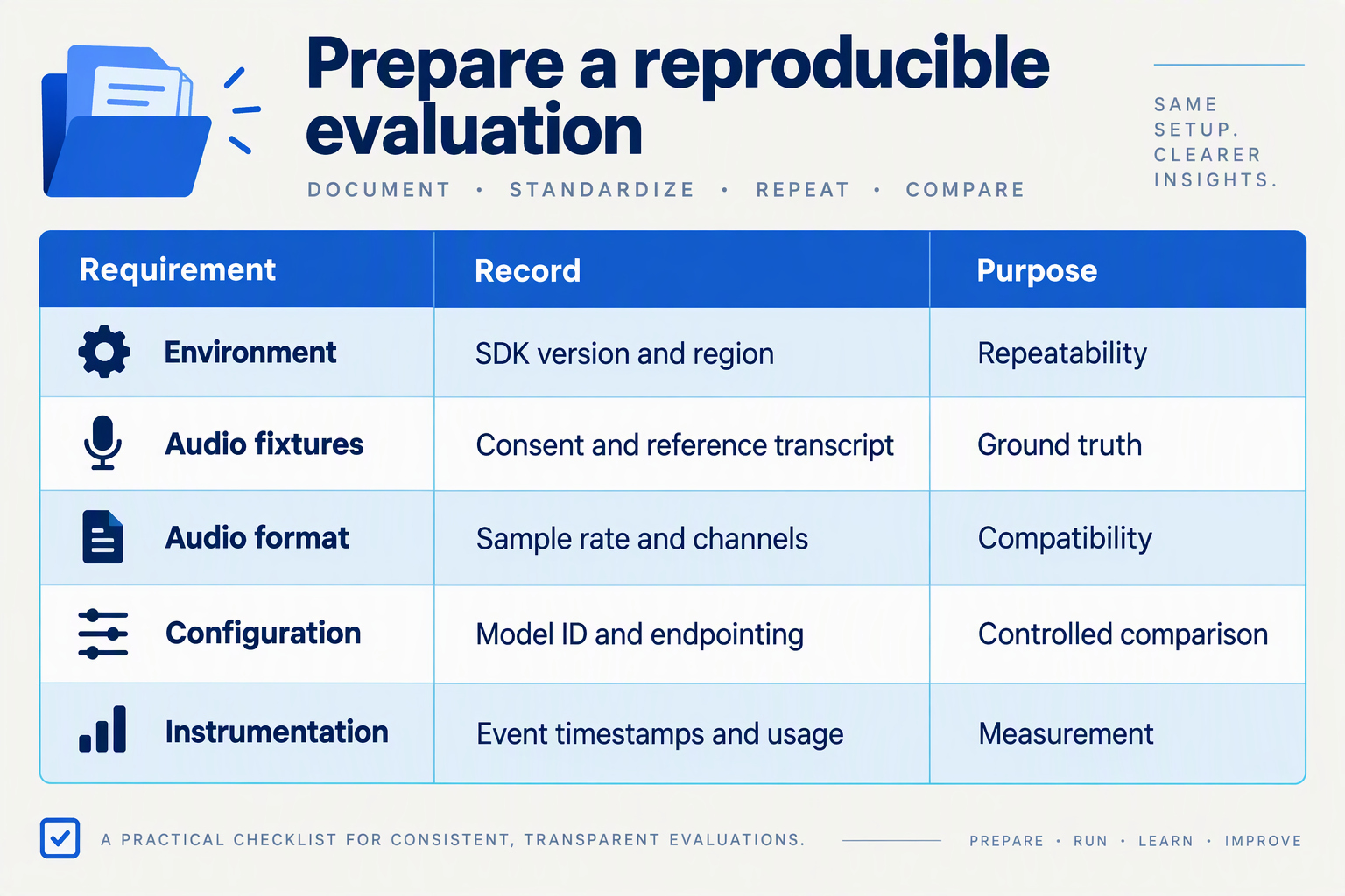 Preparation table listing environment, audio fixtures, audio format, configuration, and instrumentation requirements