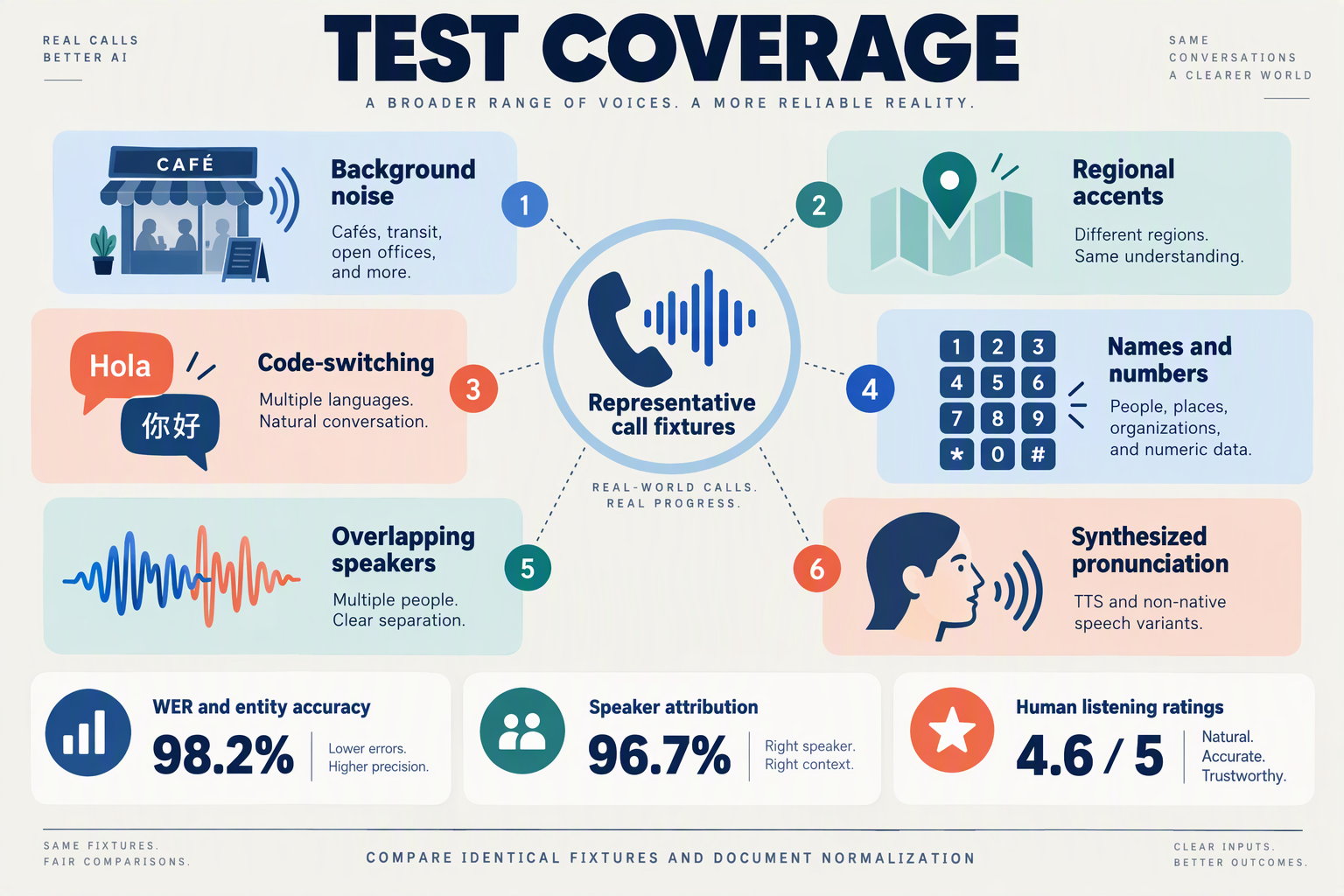 Speech evaluation coverage map for noise, accents, code-switching, entities, speaker attribution, and pronunciation