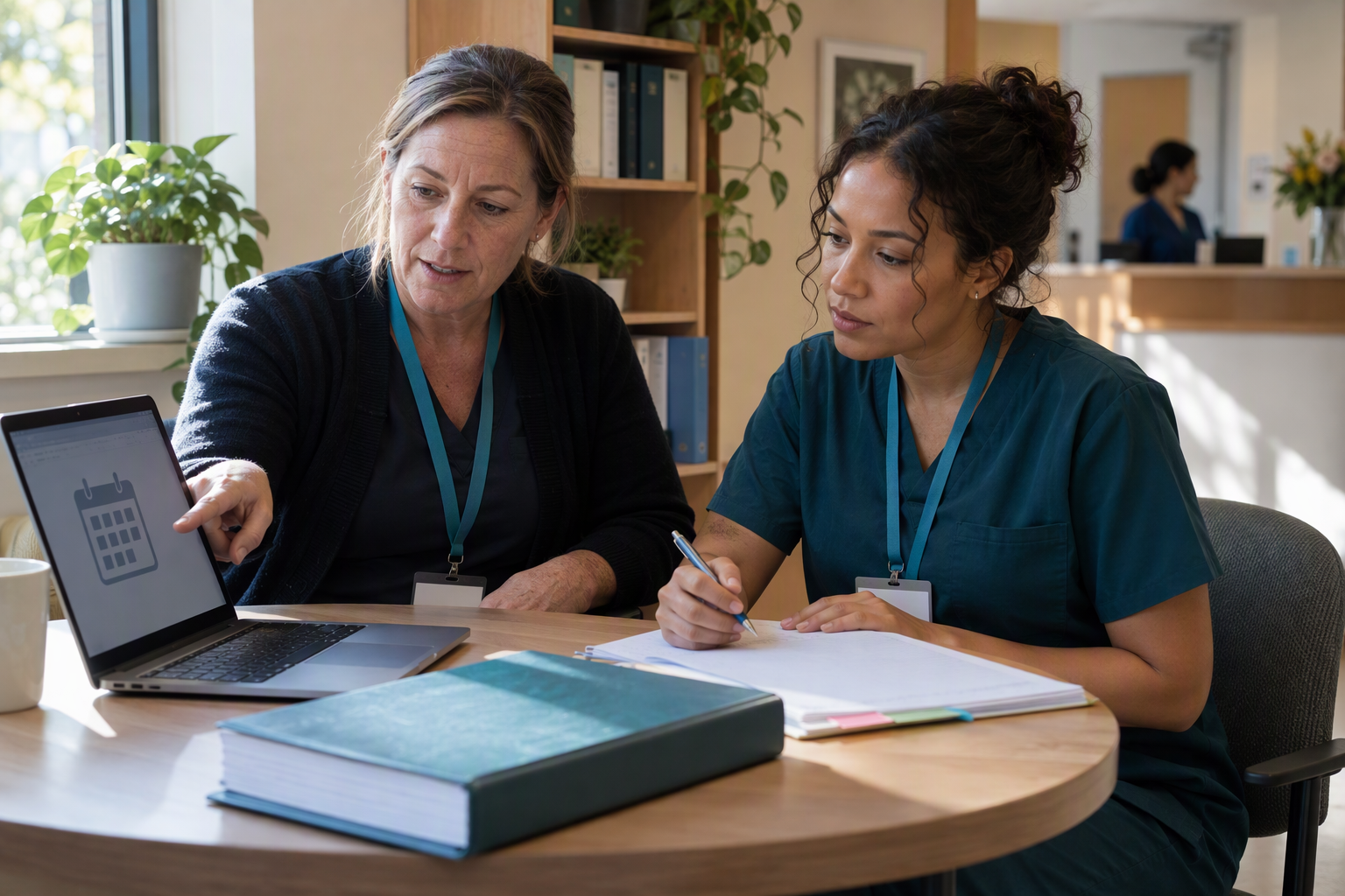 Clinic staff reviewing reference materials and planning a supervised appointment reminder pilot