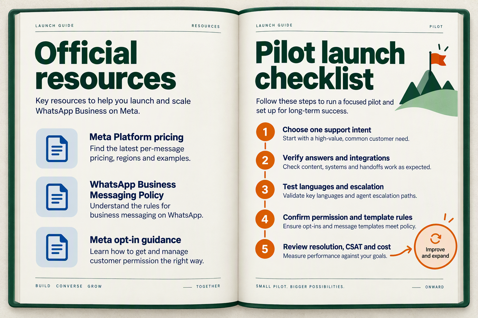 Official Meta resource list beside a pilot checklist for testing, compliant launch and continuous improvement