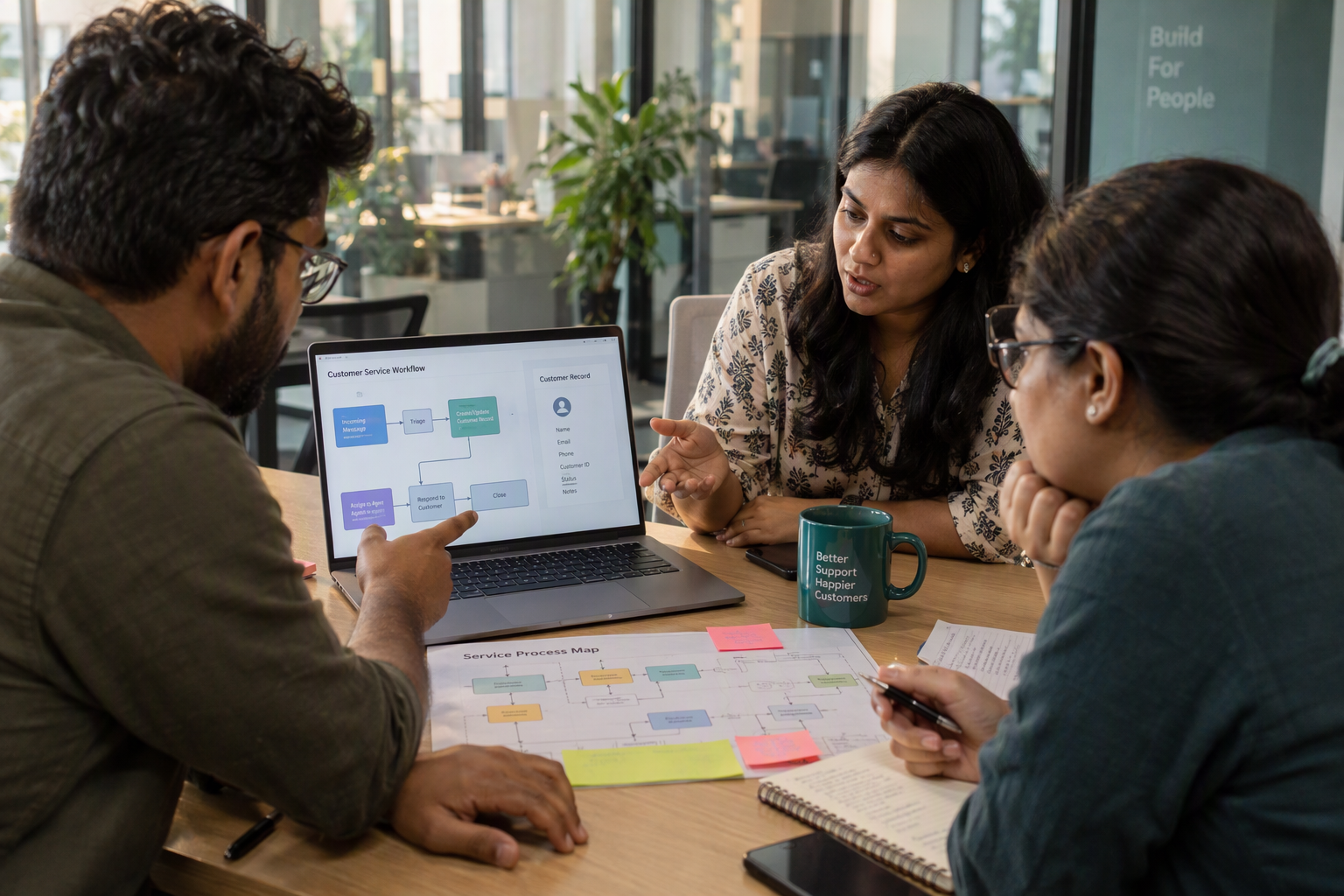 Support, engineering and privacy reviewers examining a customer-service workflow before purchasing software
